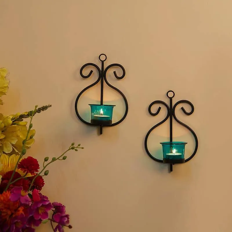 Seina Black Frame Sconce Candle Holder (Azure) - Set Of Two media 1