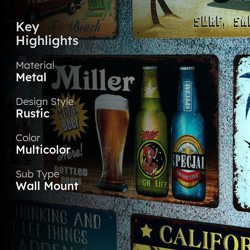 Miller Time Vintage Beer Sign Retro Metal Wall Accent media 2