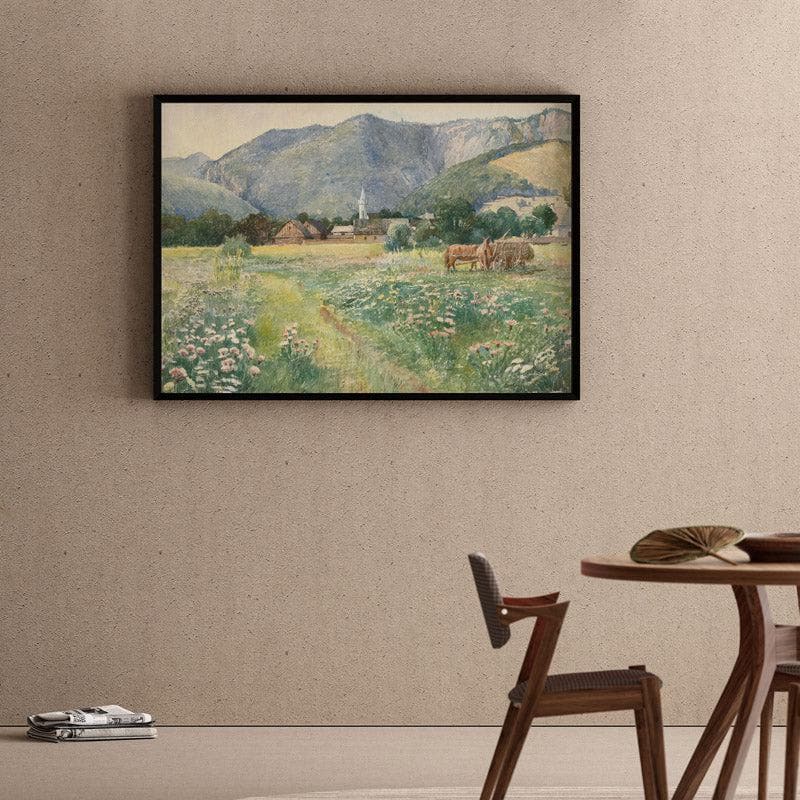 Blooming Meadow Landscape Canvas Wall Painting - Black Frame