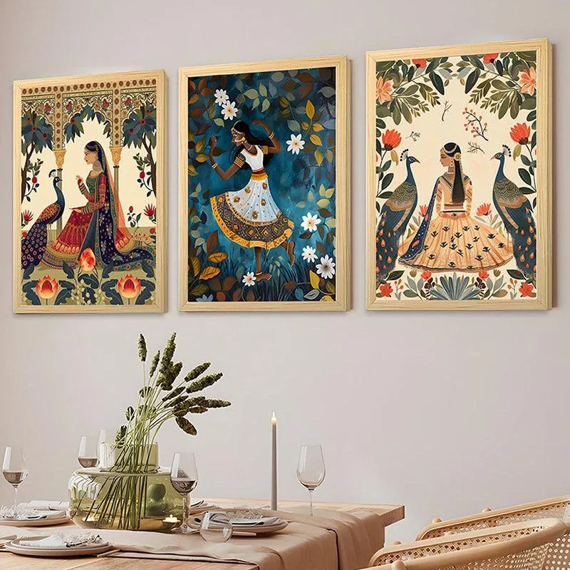 Mayura Sundari Mughal Wall Art With Frame (Blue) - Set Of Three media 3