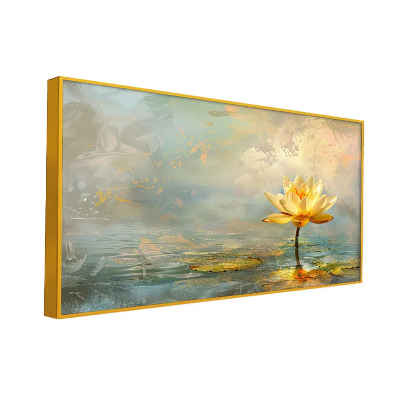 Luminous Lotus Floral Canvas Wall Painting With Frame - Gold media 3