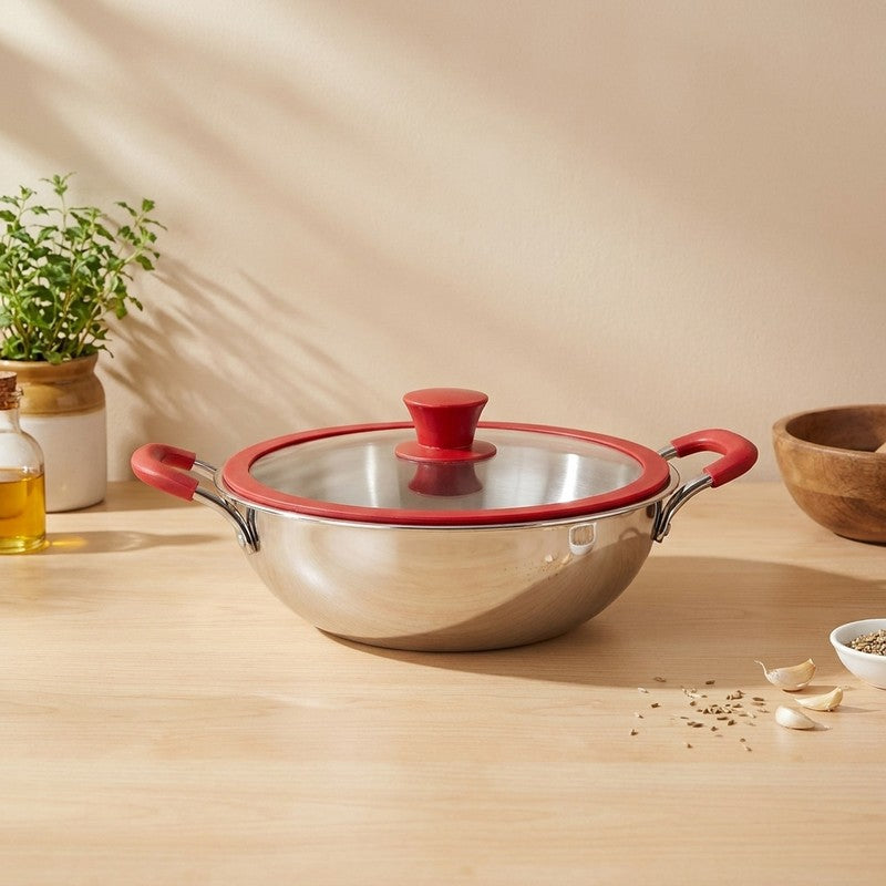 Salford Triply Stainless Steel Kadai with Glass Lid (Silver) - 4000 mL