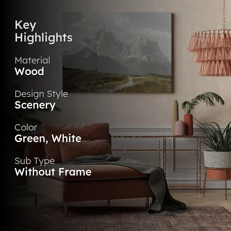 Mountain wall art styled in a living room with a dark text overlay