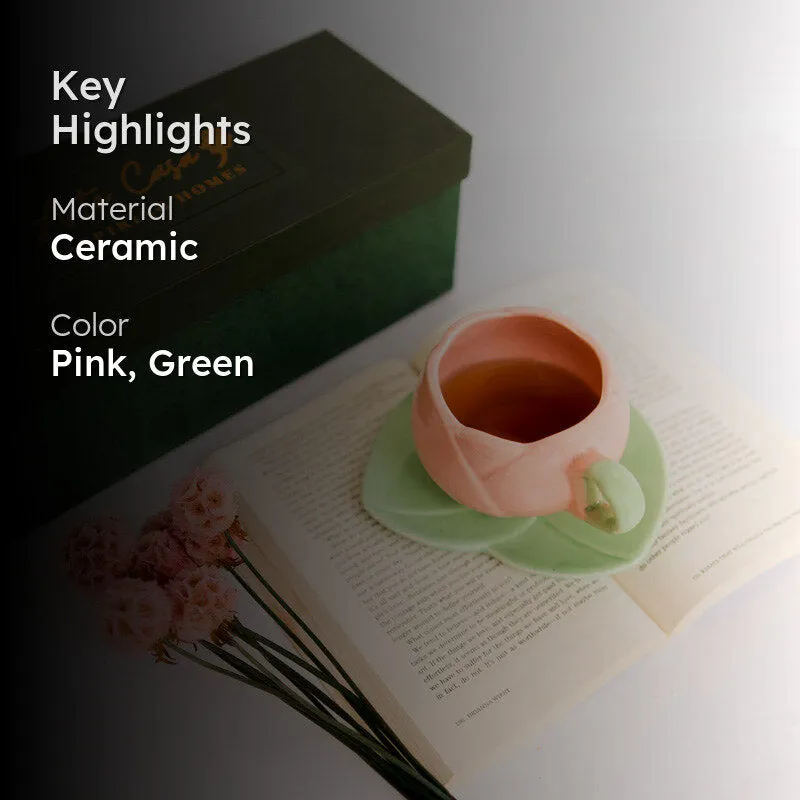 Tulip Glaze Pink & Green Mug & Saucer (300 Ml) - Two Piece Set media 2