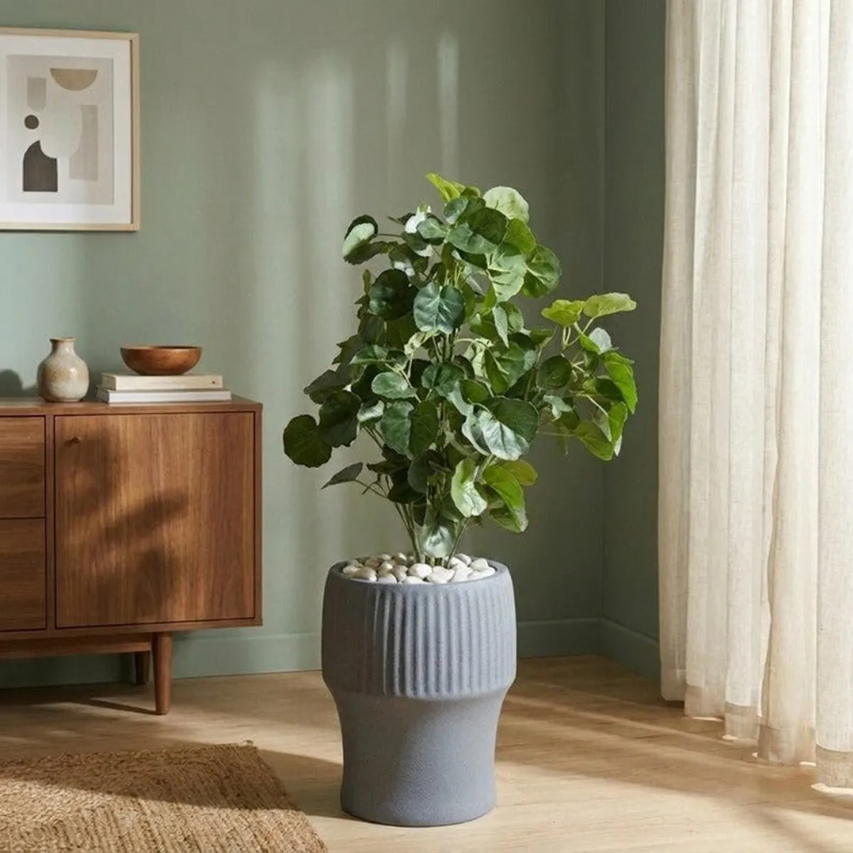 Large grey ribbed planter holding a leafy plant in a living room