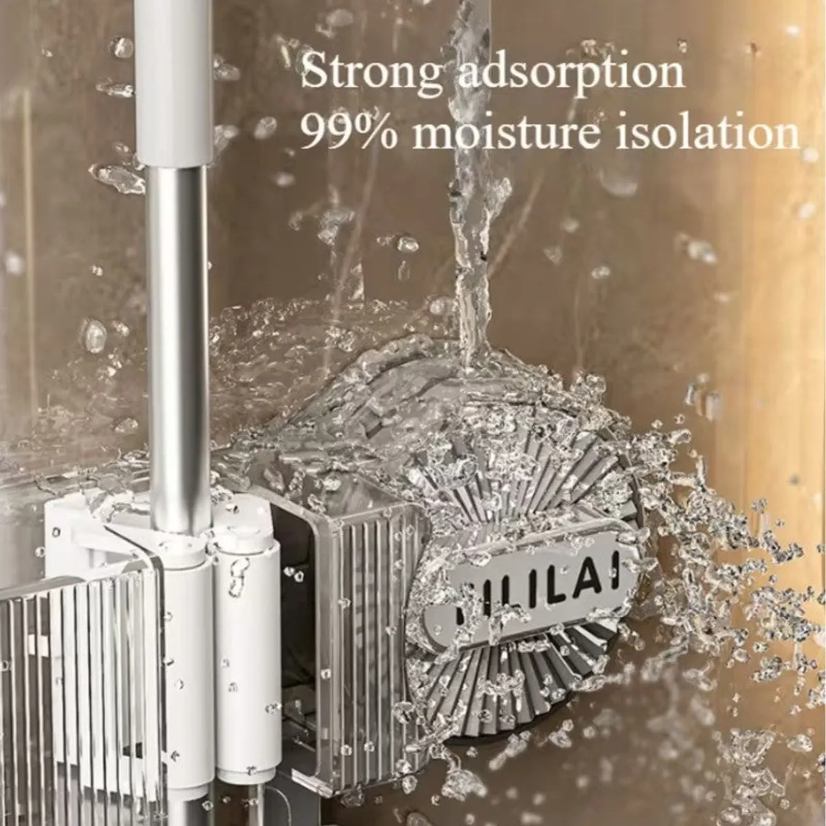 Close-up of transparent suction-mounted organiser with water splashing over it