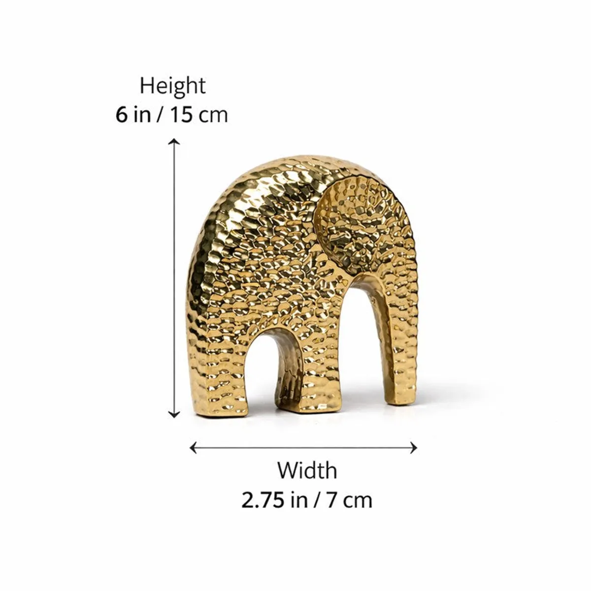 Gold elephant showpiece on white background with dimension arrows