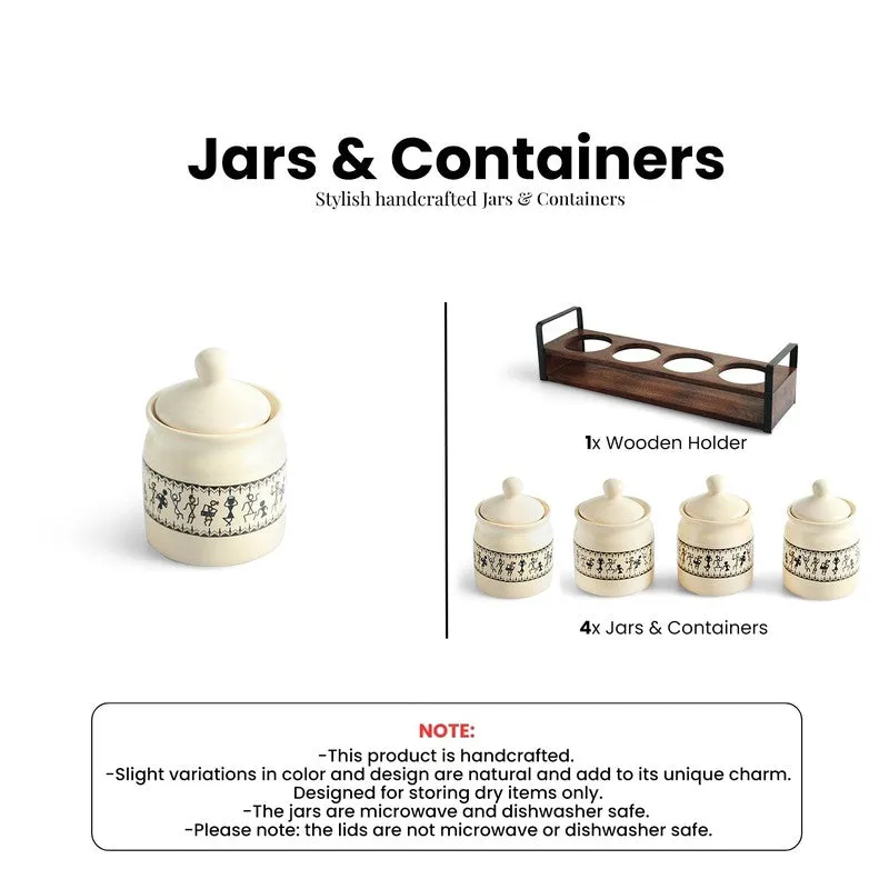 Off-white decorated jar and dark holder shown as the set contents.