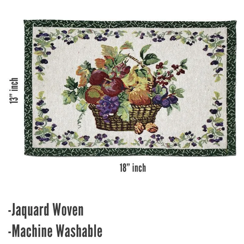 Single woven placemat with fruit basket motif and green border