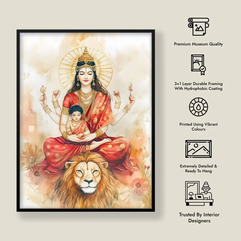Simhavahini Durga Archival Paper Wall Painting With Black Frame media 8