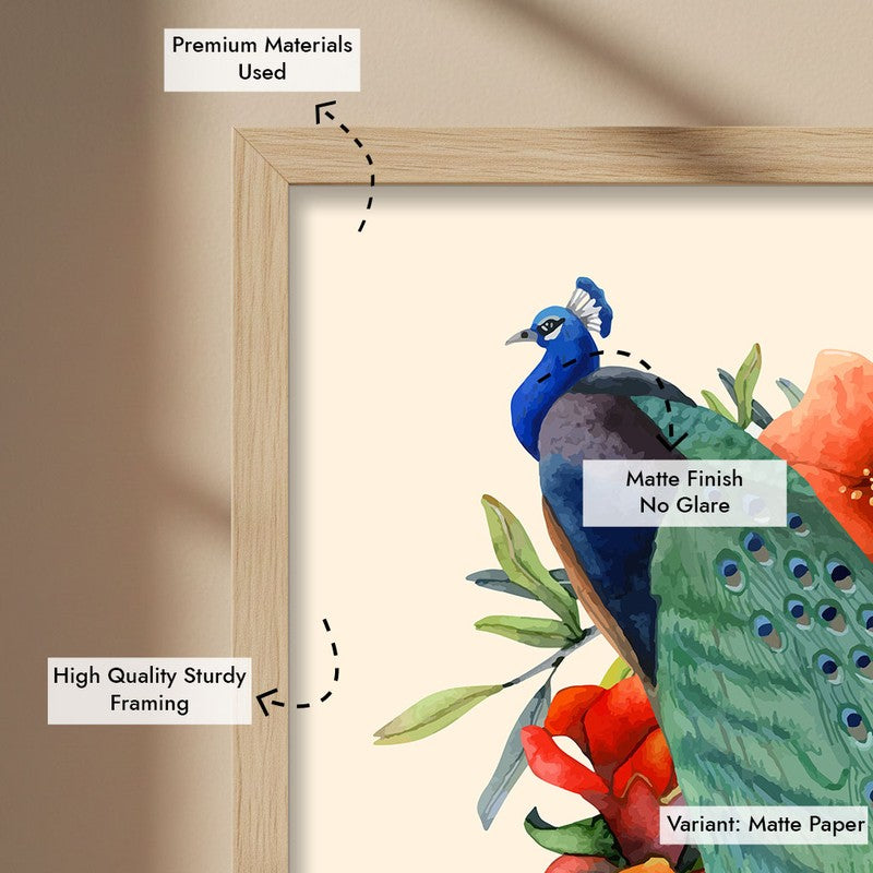 Flowers & Peacock Archival Paper Wall Art  - Natural Brown Frame media 7