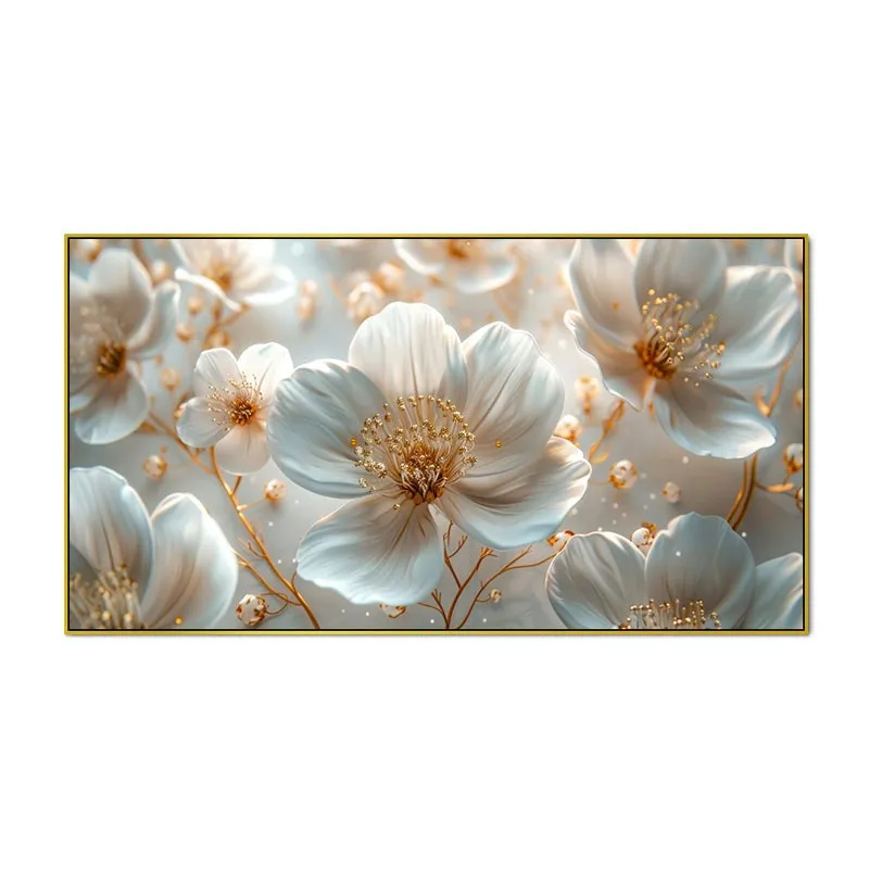 Celestial Ivory Petals Floral Canvas Wall Painting With Frame - Gold media 4