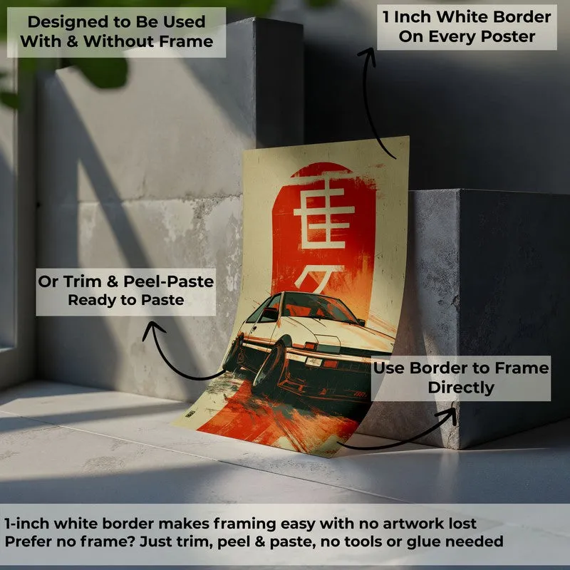 Single car poster leaning against blocks with visible white border