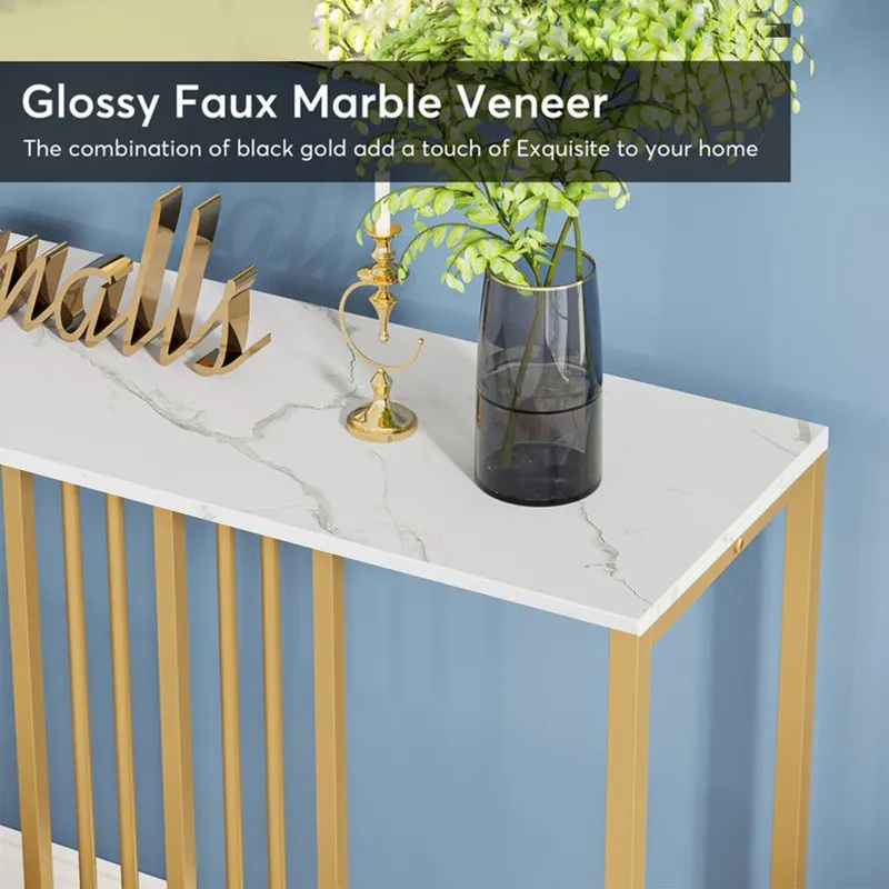 Narrow Long Metal Console Table with White Marble Top (Gold) - Large media 6