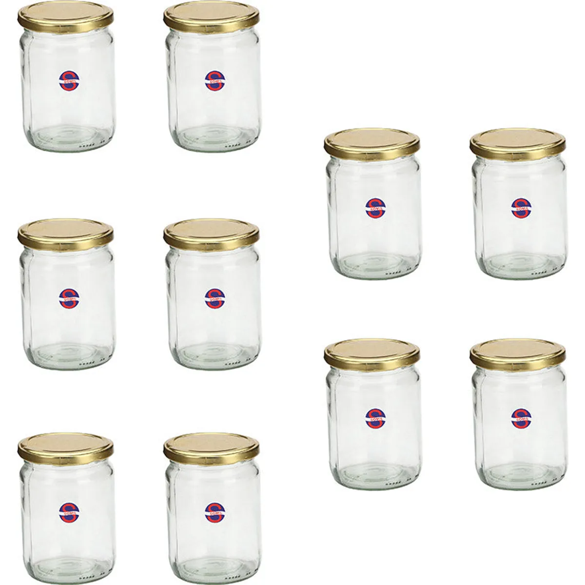 Ten transparent glass storage jars with gold lids arranged in rows.
