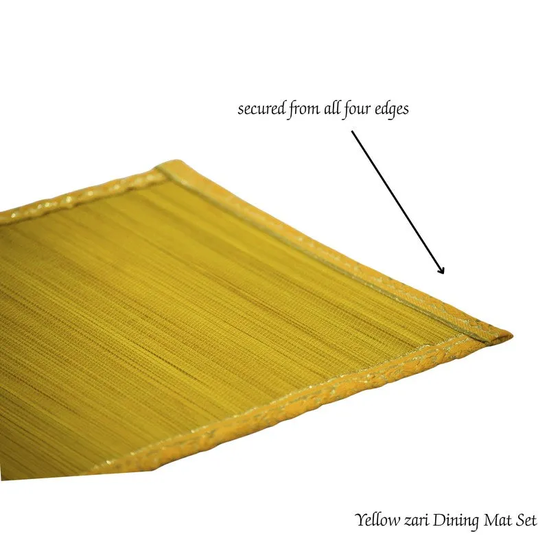 Close-up of the yellow runner's textured surface and secured piped edge.