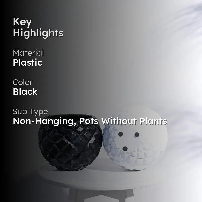 Black textured planter with a white planter shown upside down beside it