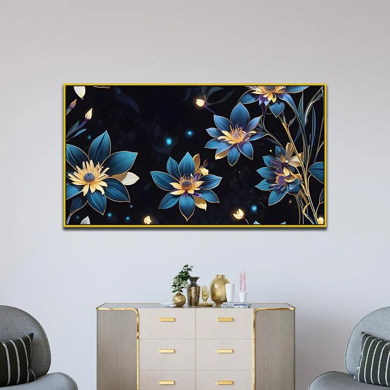 Midnight Blue Sparkle Floral Canvas Wall Painting With Frame - Gold media 5