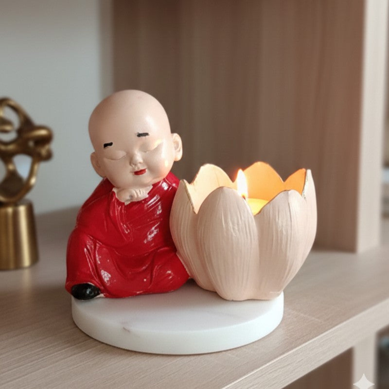 Buddha Monk Lotus Resin Tea Light Candle Holder - Red media 3