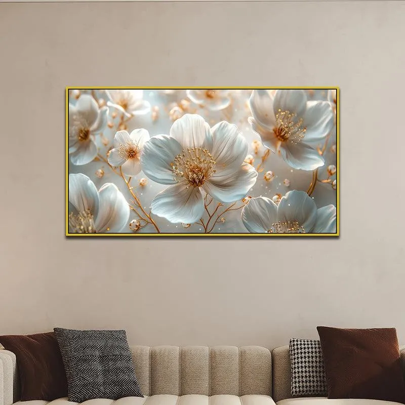 Celestial Ivory Petals Floral Canvas Wall Painting With Frame - Gold media 5