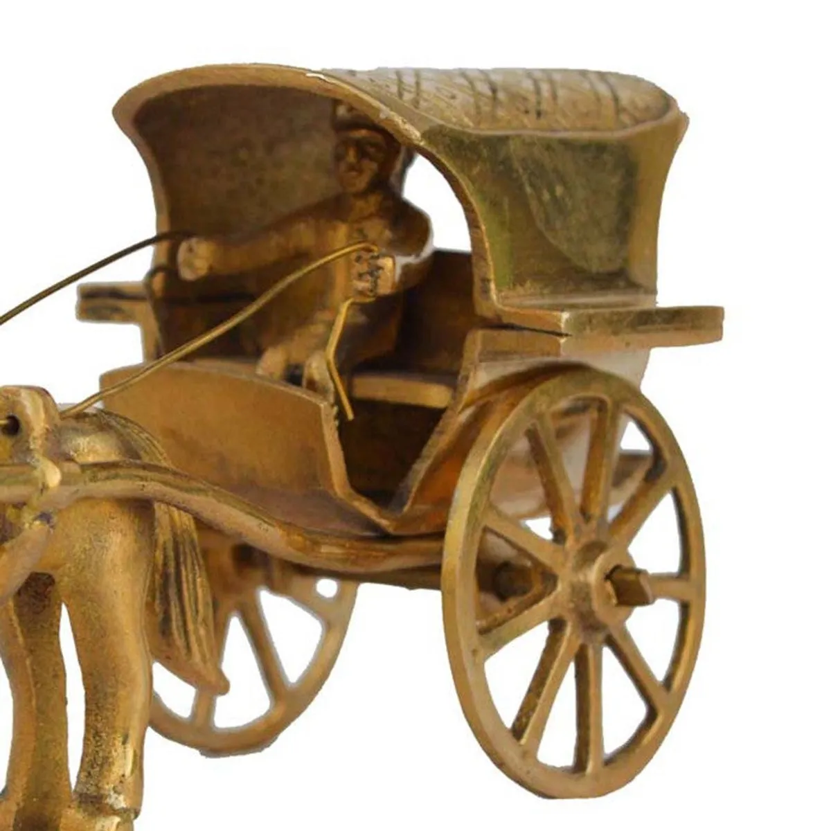 Close-up of the gold-toned brass showpiece with canopy and large wheels