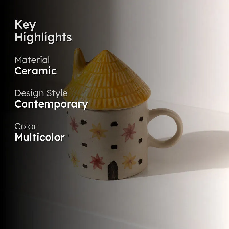 Ceramic cottage mug with yellow lid shown with key product highlights