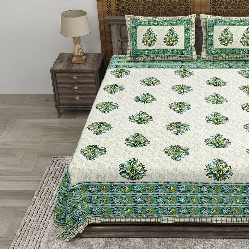 Vineel Cotton Bedsheet (Green,Off White) - 240 TC media 3