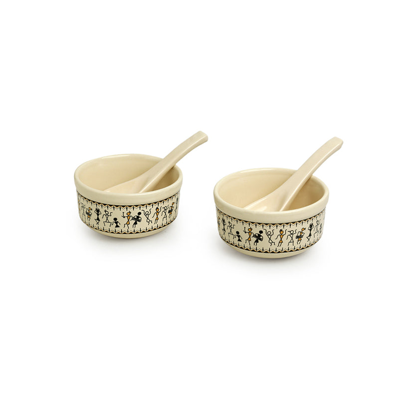 Warli Whirls Handcrafted Ceramic Soup Bowl With Spoon (300 mL) - Four Piece Set media 3
