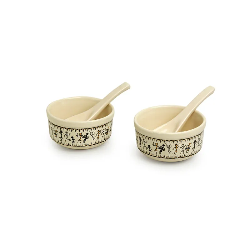 Warli Whirls Handcrafted Ceramic Soup Bowl With Spoon (300 mL) - Four Piece Set media 3