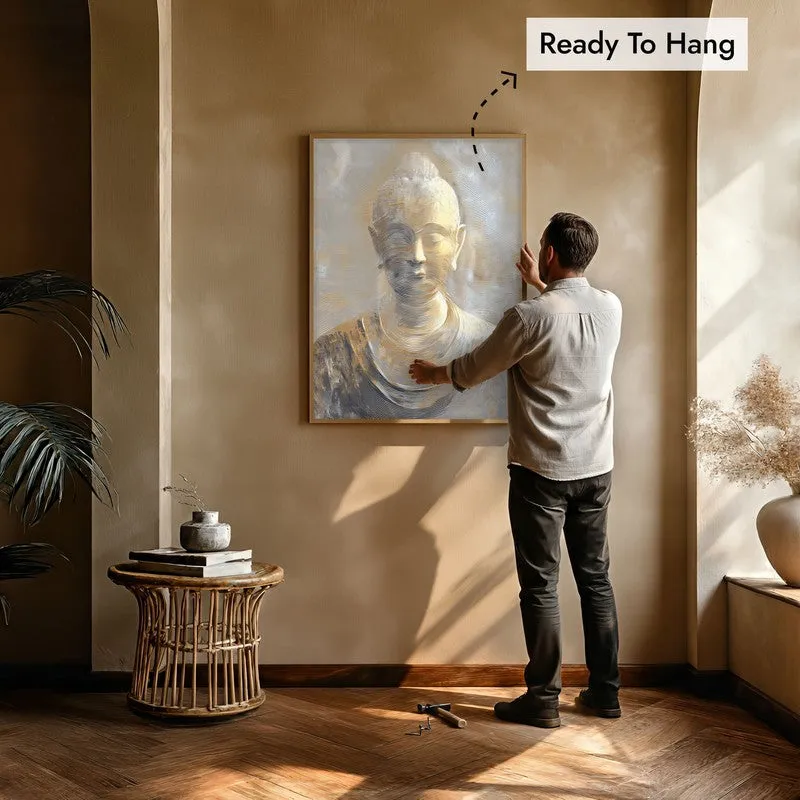 Serene Buddha In Golden Calm Wall Painting With Brown Frame media 6