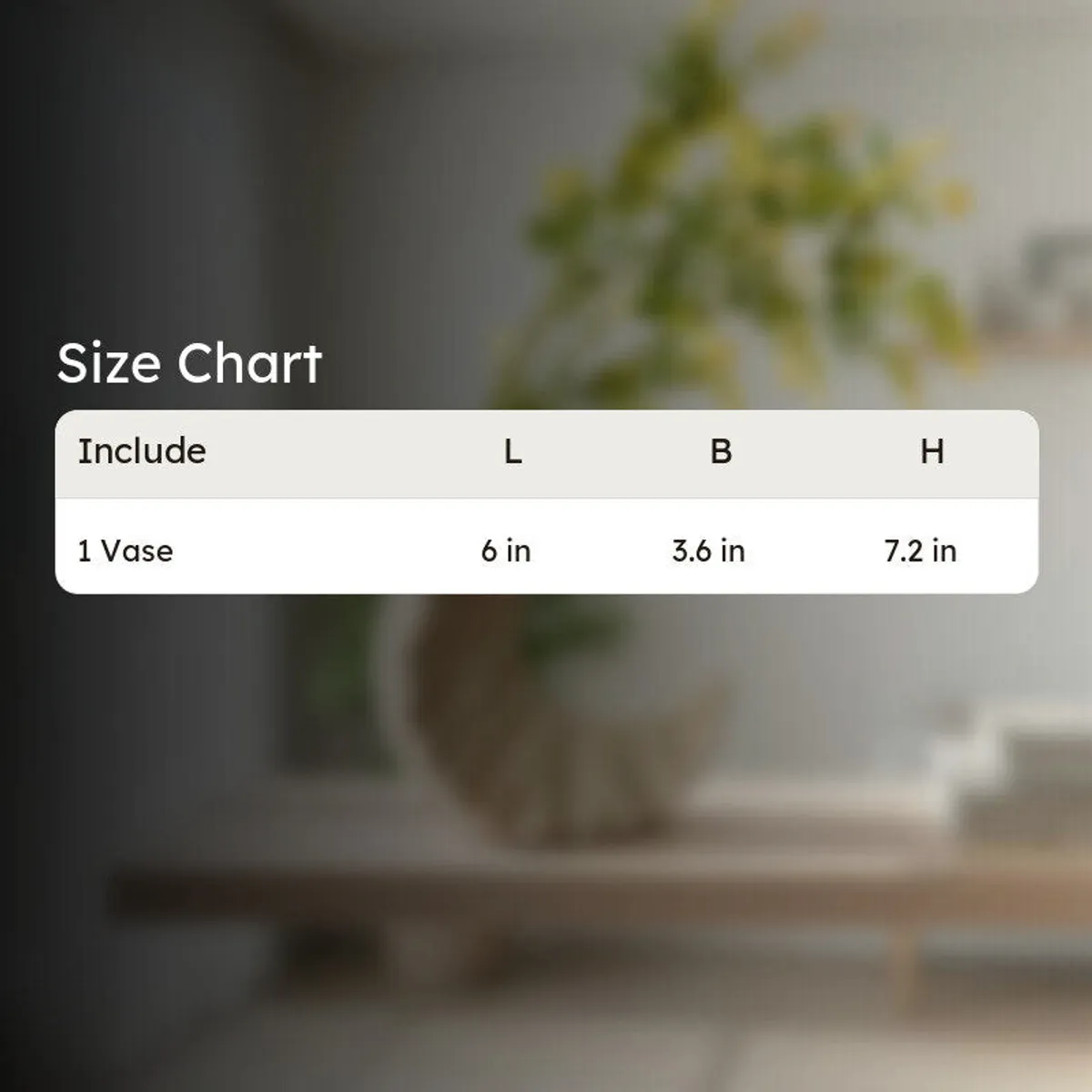 Blurred tabletop vase background with a size chart overlay