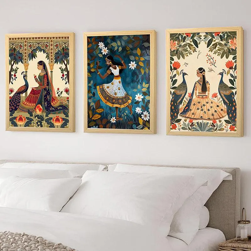 Mayura Sundari Mughal Wall Art With Frame (Blue) - Set Of Three media 1