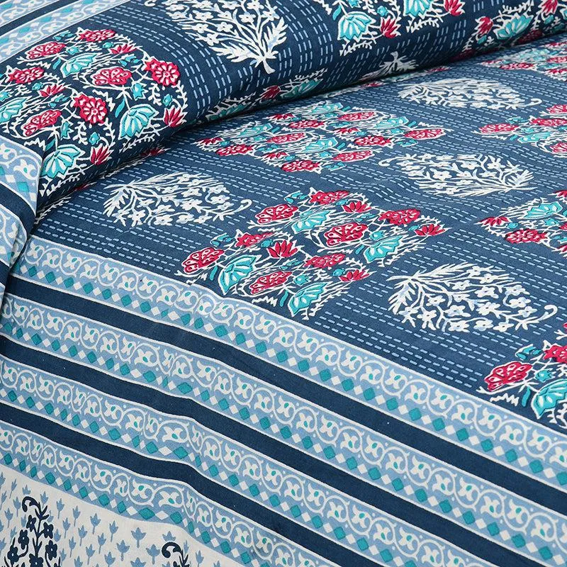 Gulzar Heritage Floral Cotton Bedsheet (Blue & White) - 160 TC media 3