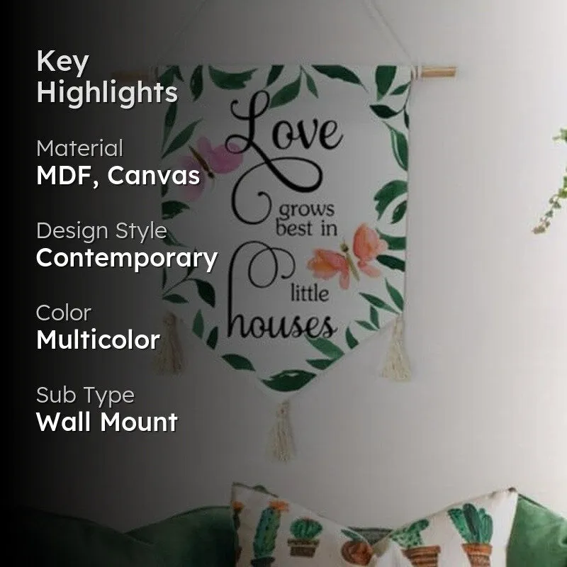 Wall hanging displayed above cushions with key highlights overlay