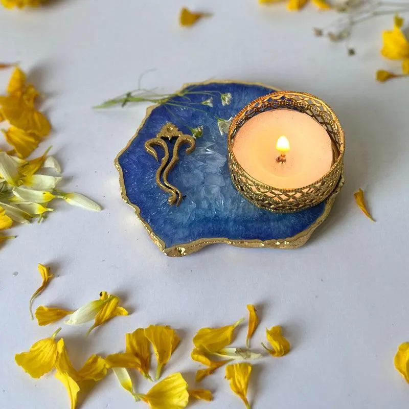 Ganesha Handcrafted Agate Tealight Candle Holder - Blue media 4