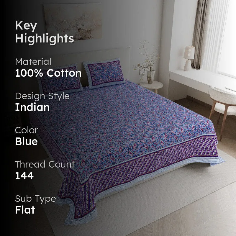 FloralNest Cotton Bedsheet (Blue) - 144 TC media 2