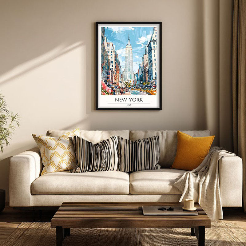 Vintage New York Framed Canvas Wall Painting