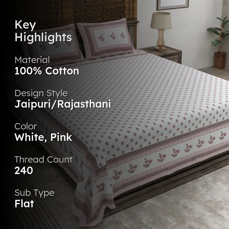 Gardenva Cotton Bedsheet (White,Pink) - 240 TC media 2