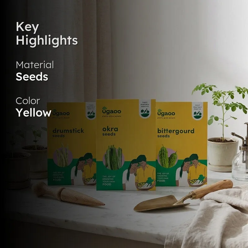 Yellow Ugaoo seed packets displayed with a key highlights overlay