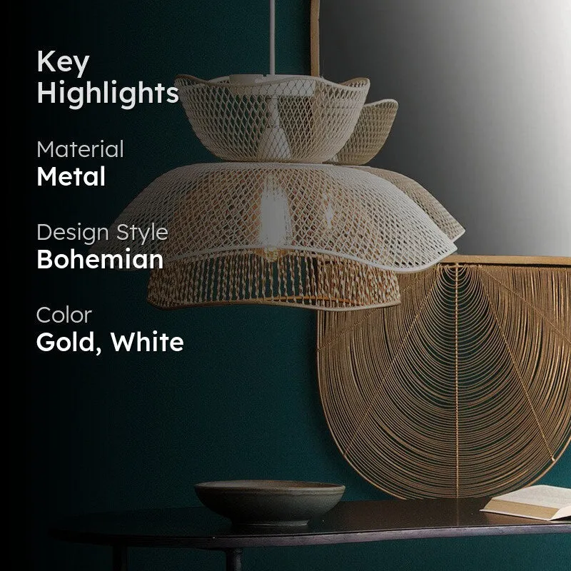 Key highlights graphic showing metal material, bohemian style, and gold white colour