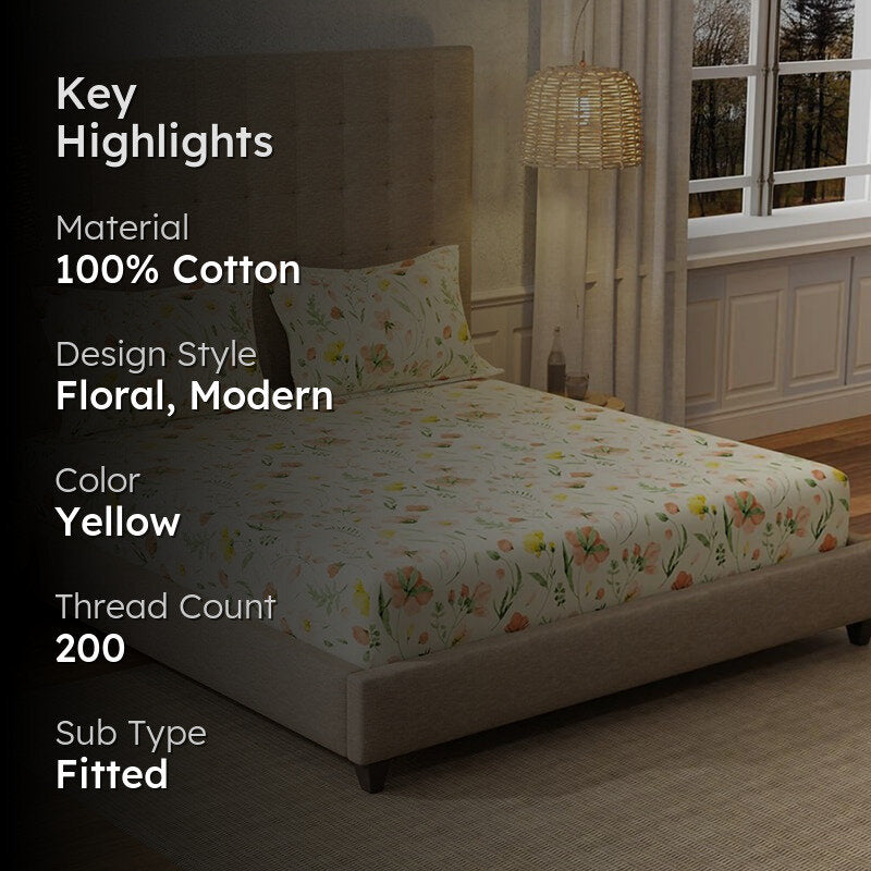 Urban Space Meadows Buttercream Cotton Bedsheet - 200 TC media 2