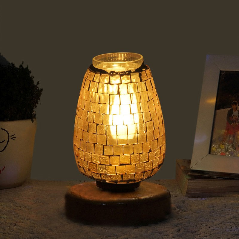Glowling Mosaic Glass Table Lamp With Wooden Base - Multicolor