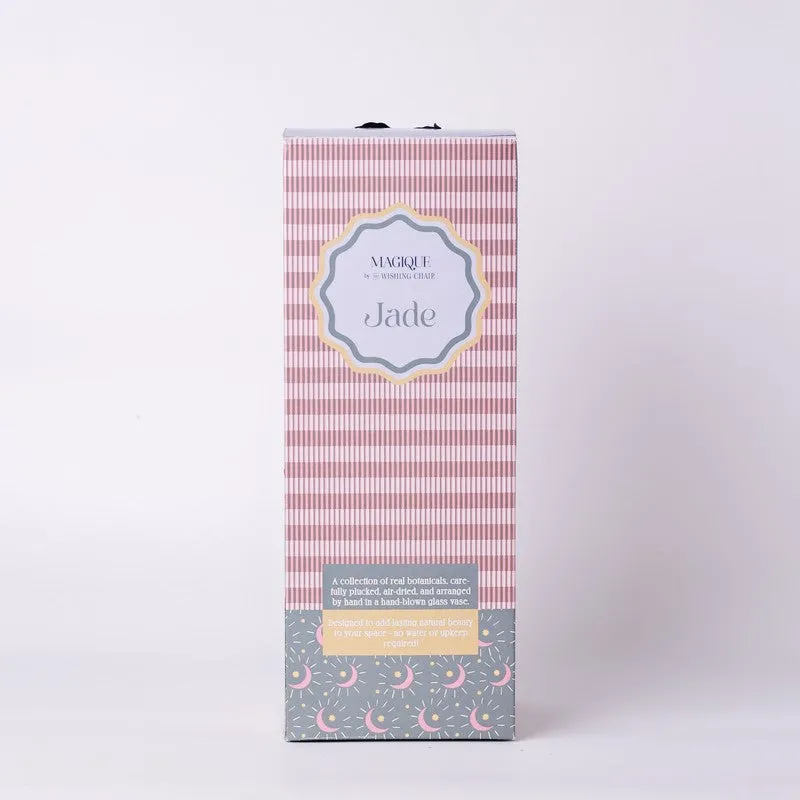 Front view of the Jade product box with pink checked design