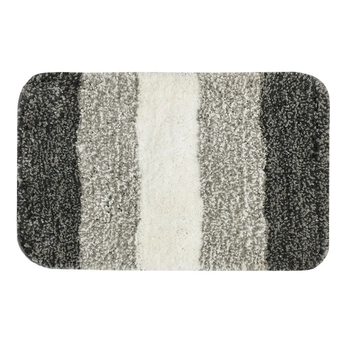 Top view of a rectangular grey, white and black striped bath mat