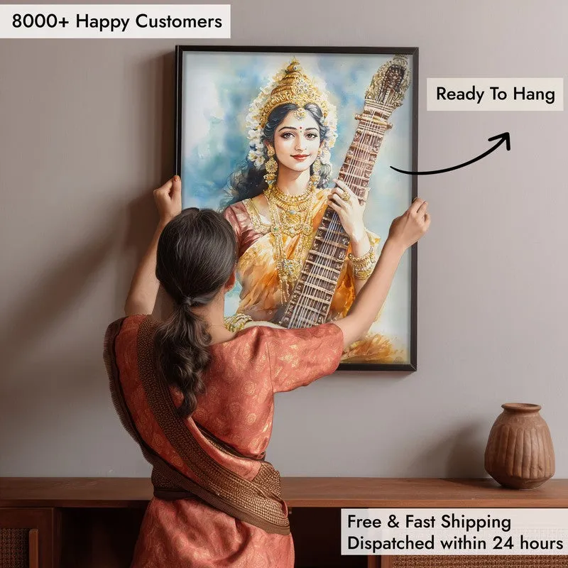 Veena Of Knowledge Spiritual Archival Paper Wall Painting With Frame - Black media 6