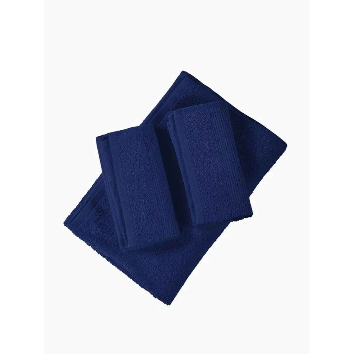 Navy bath towel with two folded hand towels arranged on top