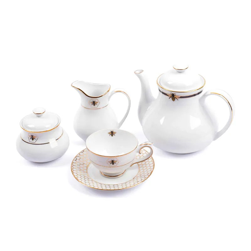 Gilded Bee 24k Gold Brushed Porcelain Tea Set With Tea Pot - Seventeen Piece Set media 4