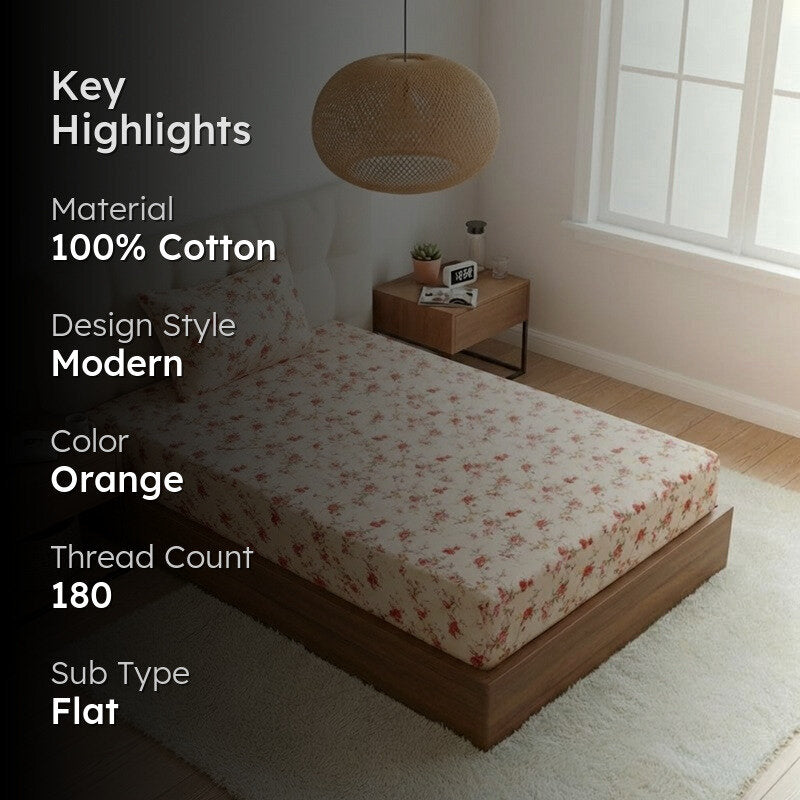 Esmeralda Floral Printed Cotton Bedsheet (Orange) - 180 TC media 2