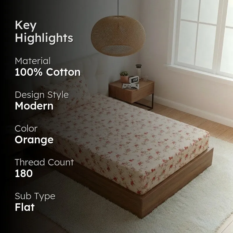 Esmeralda Floral Printed Cotton Bedsheet (Orange) - 180 TC media 2