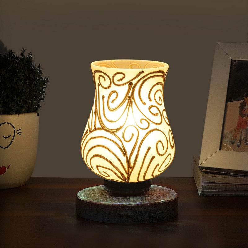 Flamora Mosaic Glass Table Lamp With Wooden Base - White & Gold